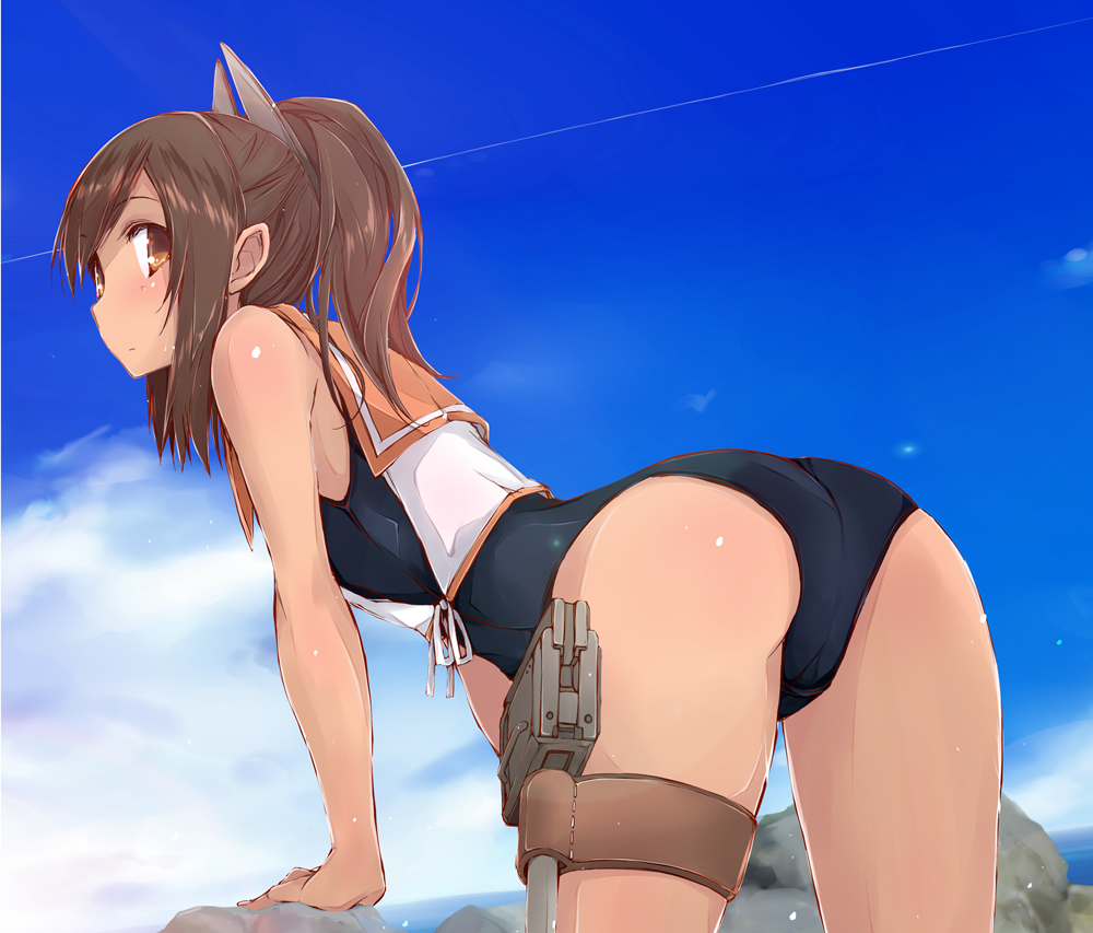 10s 1girl arm_support ass beach blue_swimsuit blush brown_eyes brown_hair closed_mouth day gun hair_ornament hairclip i-401_(kantai_collection) kantai_collection leaning_forward long_hair looking_at_viewer ocean outdoors ponytail rock sky solo swimsuit tan thigh_strap weapon yumesato_makura