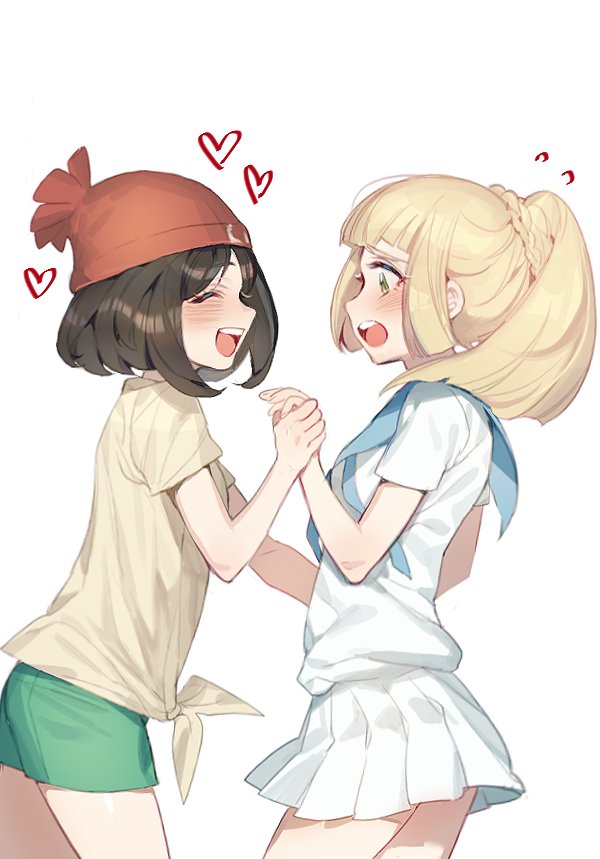 2girls beanie black_hair blonde_hair blush closed_eyes from_side green_eyes green_shorts hand_holding hat heart lillie_(pokemon) long_hair mizuki_(pokemon_sm) multiple_girls open_mouth pokemon pokemon_(game) pokemon_sm ponytail red_hat shirt short_hair short_sleeves shorts simple_background skirt tied_shirt white_background white_shirt white_skirt yuri zuizi