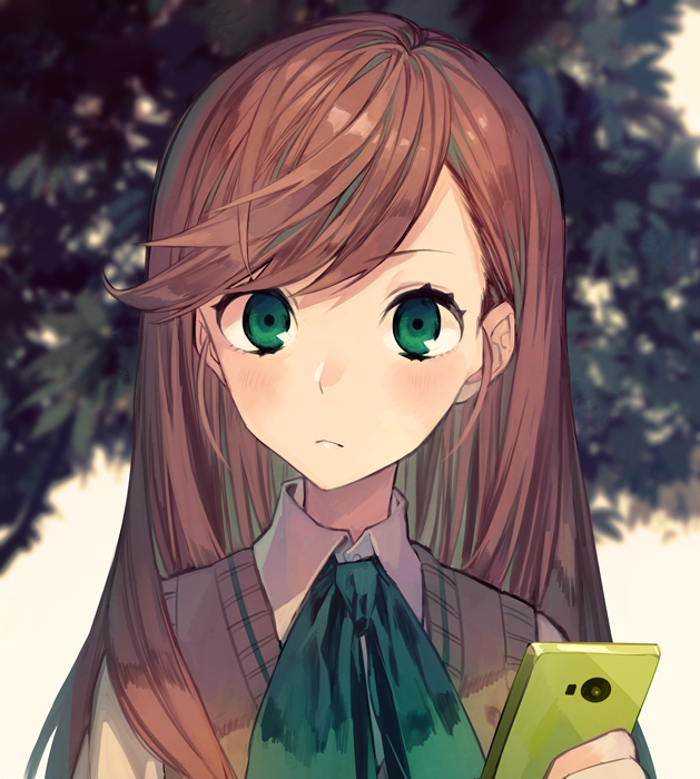 1girl bangs blush bow brown_hair cellphone commentary_request green_bow green_eyes hair_down holding holding_phone long_hair looking_at_viewer nanase_(under_night_in-birth) phone school_uniform smartphone solo suzunashi sweater_vest swept_bangs tree under_night_in-birth upper_body wing_collar