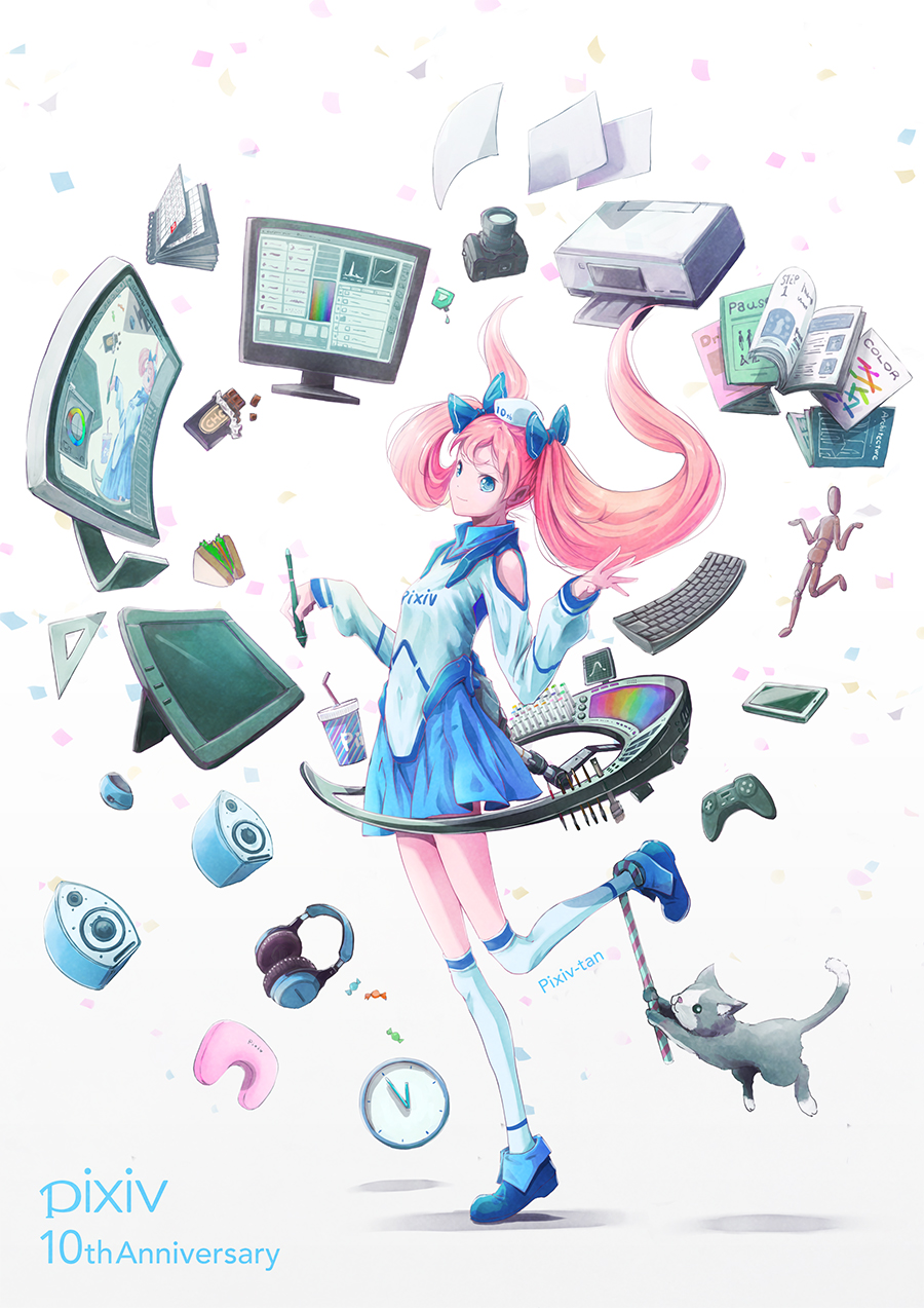 bad_proportions blue_bow blue_eyes blue_footwear blue_skirt bow camera candy candy_cane cat cellphone character_name chocolate_bar clock color_wheel computer_mouse controller copyright_name cup drinking_straw food full_body game_controller hair_bow headphones_removed highres keyboard looking_at_viewer monitor neck_pillow original paper phone pink_hair pixiv pixiv-tan printer ruler sandwich satyuas shoes skirt smartphone speaker standing straightedge stylus table twintails white_hair white_legwear