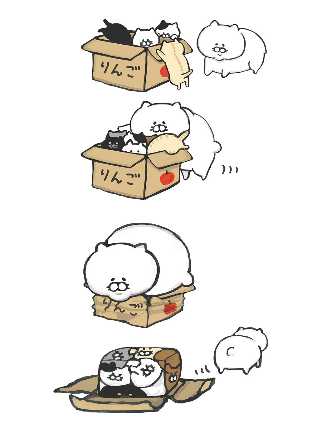 4koma animal black_cat box cardboard_box cat cat_focus comic commentary highres kitten multiple_cats no_humans noja original squishing tabby_cat white_cat