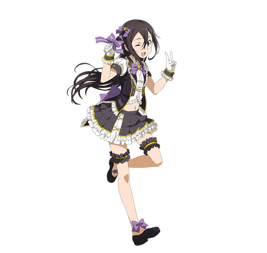 1boy ;d androgynous ankle_bow ankle_ribbon black_eyes black_footwear black_hair bow bowtie crossdressinging floating_hair frilled_gloves frills gloves hair_between_eyes hair_bow holding holding_microphone idol kirito_(sao-ggo) layered_skirt long_hair looking_at_viewer microphone midriff miniskirt navel one_eye_closed one_leg_raised open_mouth purple_bow purple_neckwear ribbon short_sleeves simple_background skirt smile solo standing standing_on_one_leg stomach sword_art_online thigh_strap trap v very_long_hair white_background white_gloves