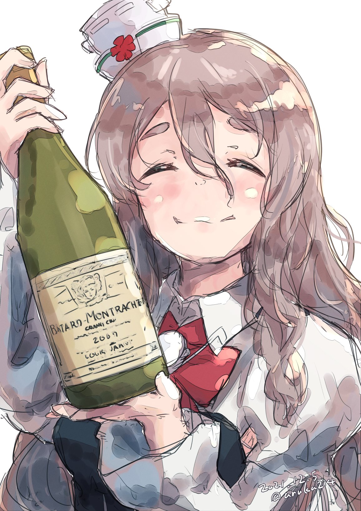 1girl aruka bottle bow bowtie closed_eyes facing_viewer grey_hair hat highres holding holding_bottle kantai_collection long_hair mini_hat pola_(kancolle) red_bow red_bowtie shirt simple_background smile solo thick_eyebrows tilted_headwear wavy_hair white_background white_shirt wine_bottle
