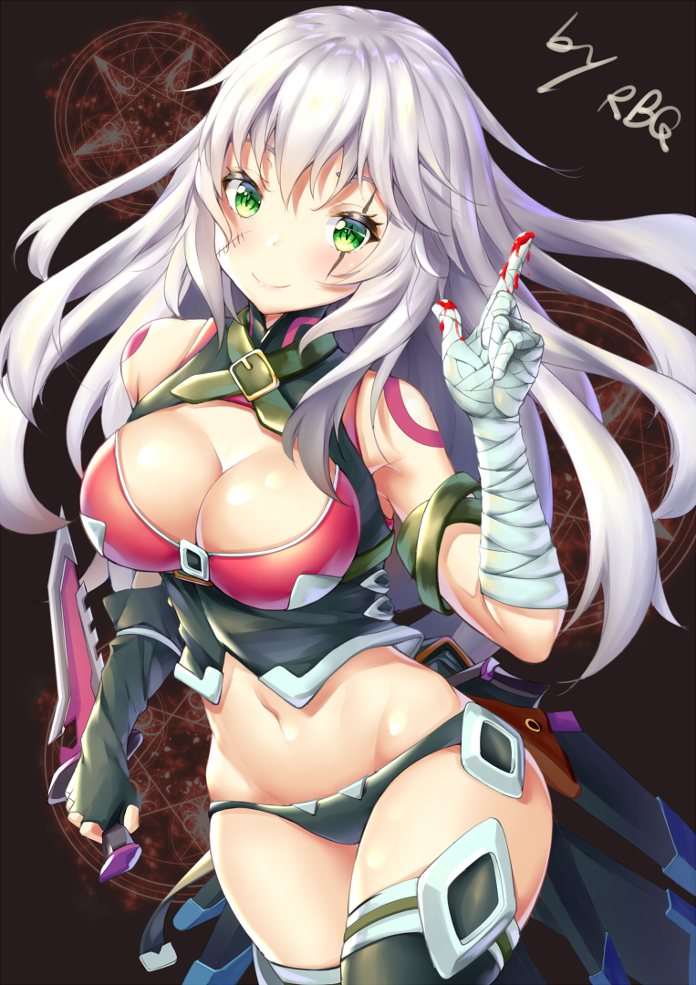 1girl alternate_breast_size alternate_hair_length alternate_hairstyle assassin_of_black bandage bandaged_arm bare_shoulders black_panties blush breasts cleavage commentary_request fate/apocrypha fate_(series) gloves green_eyes large_breasts long_hair looking_at_viewer navel older panties scar silver_hair smile solo underwear weapon xi_zhujia_de_rbq