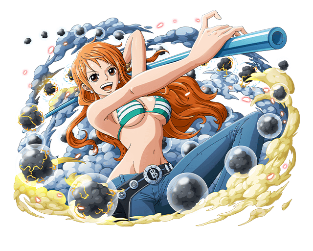 1girl :d belt blue_pants bodskih breasts brown_eyes brown_hair cleavage earrings floating_hair from_below green_bikini_top groin holding holding_staff jewelry large_breasts long_hair midriff nami_(one_piece) navel one_piece open_mouth pants shiny shiny_skin sideboob smile solo staff stomach striped_bikini_top transparent_background under_boob very_long_hair