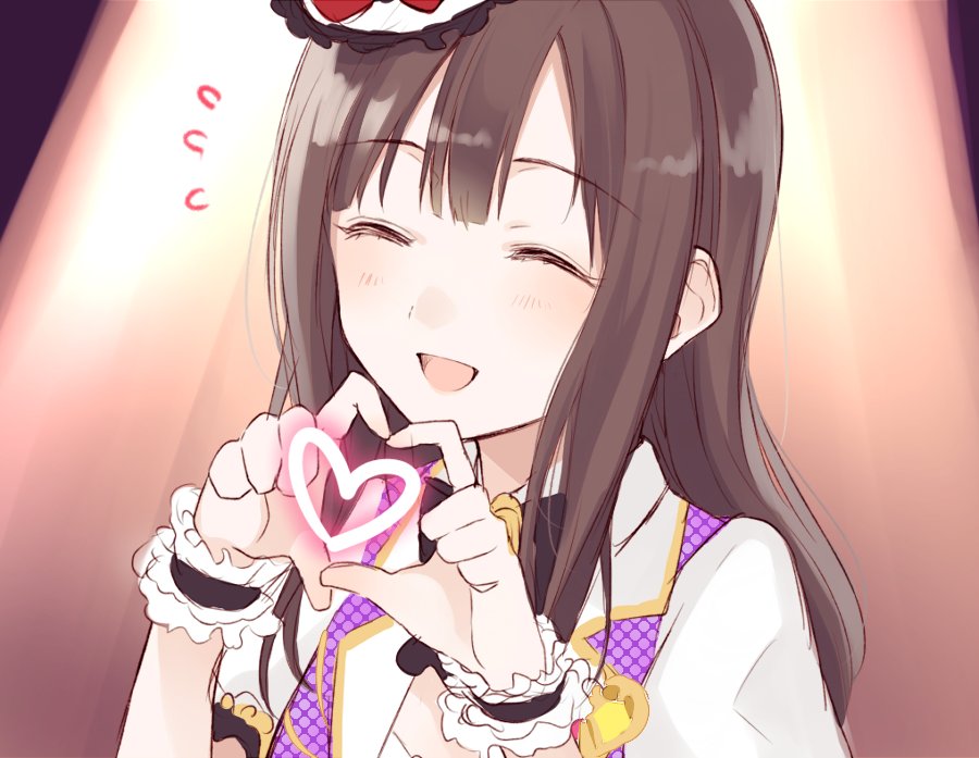 1girl :d arm_garter bangs blunt_bangs blush brown_hair chisumi closed_eyes commentary_request eyebrows_visible_through_hair facing_viewer flying_sweatdrops hands_up hat heart heart_hands idolmaster idolmaster_cinderella_girls idolmaster_cinderella_girls_starlight_stage jacket long_hair mini_hat mizumoto_yukari open_mouth smile solo spotlight white_jacket