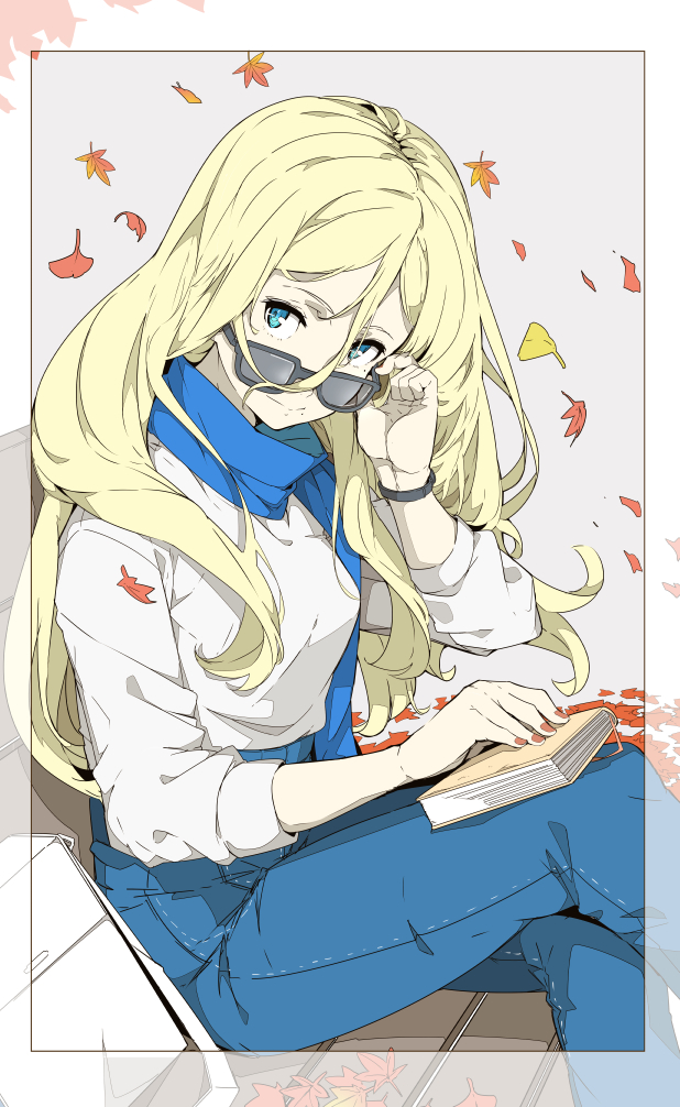 1girl adjusting_eyewear autumn_leaves bag bench black-framed_eyewear blonde_hair blue_eyes blue_pants blue_scarf casual closed_mouth copyright_request denim falling_leaves glasses grey_background hair_between_eyes jeans legs_crossed long_hair long_sleeves mole mole_under_mouth nail_polish ninimo_nimo pants park_bench partially_colored red_nails scarf shirt simple_background sitting smile solo white_shirt wristband