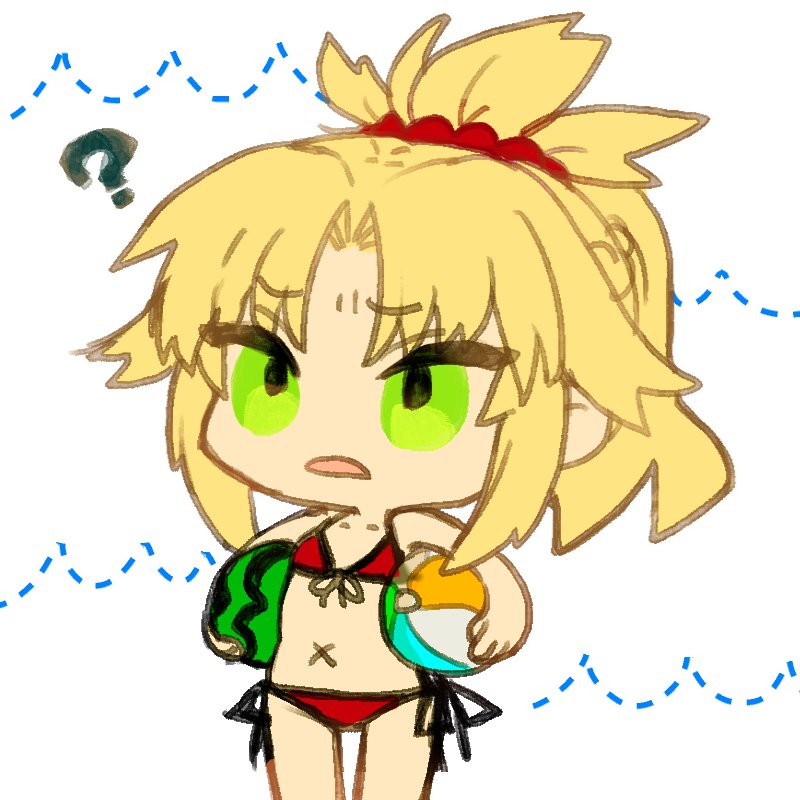 1girl ? ball bare_arms bare_shoulders beachball belly_button bikini blonde_hair chibi cowboy_shot eyebrows_visible_through_hair fate/apocrypha fate/grand_order fate_(series) food frown fruit furrowed_eyebrows green_eyes holding mordred_(fate)_(all) mordred_(swimsuit_rider)_(fate) mozu_1oo navel parted_lips red_bikini saber_of_red scrunchie side-tie_bikini solo standing swimsuit watermelon x