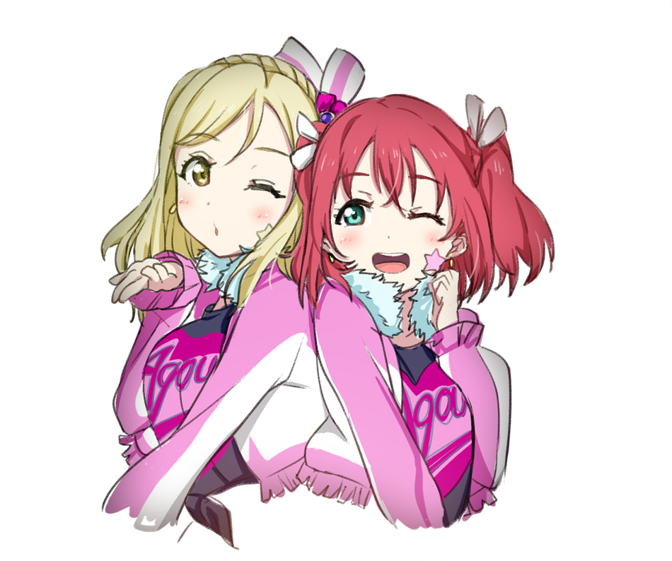 aqua_hair blonde_hair enpu_(ufo) green_eyes kurosawa_ruby love_live! love_live!_sunshine!! miracle_wave ohara_mari redhead short_twintails twintails