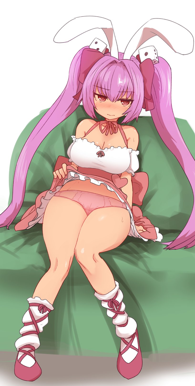1girl animal_ears bangs bare_shoulders blush breasts cleavage closed_mouth couch di_gi_charat dice_hair_ornament dress eyebrows_visible_through_hair full_body hair_ornament highres knees_together_feet_apart large_breasts lavender_hair lifted_by_self long_hair looking_at_viewer neck_ribbon on_couch panties pink_panties pink_shoes rabbit_ears ribbon sash shoes simple_background sitting skirt skirt_lift socks solo sumiyao_(amam) sweat thick_thighs thighs twintails underwear usada_hikaru very_long_hair white_background white_dress white_legwear