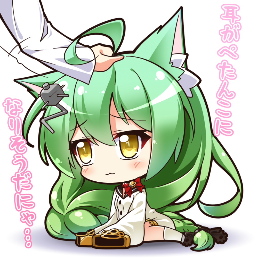 1boy 1girl :3 admiral_(azur_lane) ahoge akashi_(azur_lane) animal_ears azur_lane cat_ears chibi commentary_request green_hair hair_ornament hairpin long_hair military military_uniform naval_uniform out_of_frame petting shachoo. sitting sleeves_past_wrists translation_request uniform wariza yellow_eyes