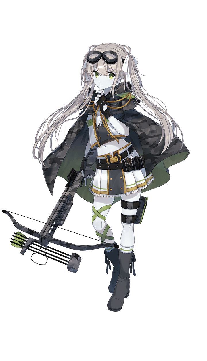 1girl black_cape black_footwear black_gloves boots bow_(weapon) bowgun camouflage_cape cape crossbow ears formation_girls full_body gloves goggles goggles_on_head green_eyes grey_skirt hair_ribbon highres hiiragi_souren holding holding_weapon looking_at_viewer midriff navel partly_fingerless_gloves pleated_skirt reina_huchsbelger ribbon silver_hair skirt solo transparent_background twintails weapon