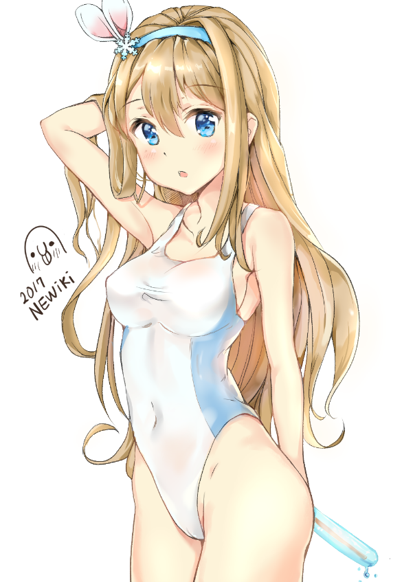 1girl 2017 artist_name blonde_hair blue_eyes blue_hairband breasts competition_swimsuit covered_navel cowboy_shot eyebrows_visible_through_hair girls_frontline hairband highleg highleg_swimsuit long_hair looking_at_viewer medium_breasts newiki one-piece_swimsuit open_mouth simple_background snowflakes solo suomi_kp31_(girls_frontline) swimsuit white_background white_swimsuit