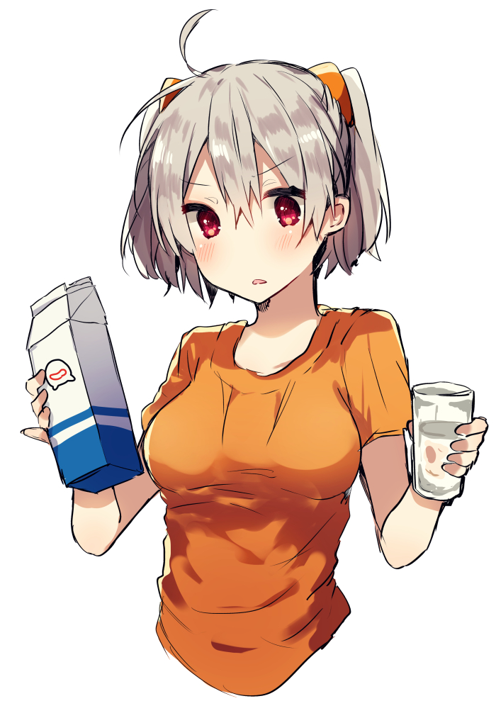 1girl :o ahoge bangs blush cropped_torso cup drinking_glass eyebrows_visible_through_hair grey_hair hair_between_eyes holding holding_cup ikeuchi_tanuma milk_carton open_mouth orange_shirt parted_lips red_eyes shirt simple_background solo twintails upper_body white_background