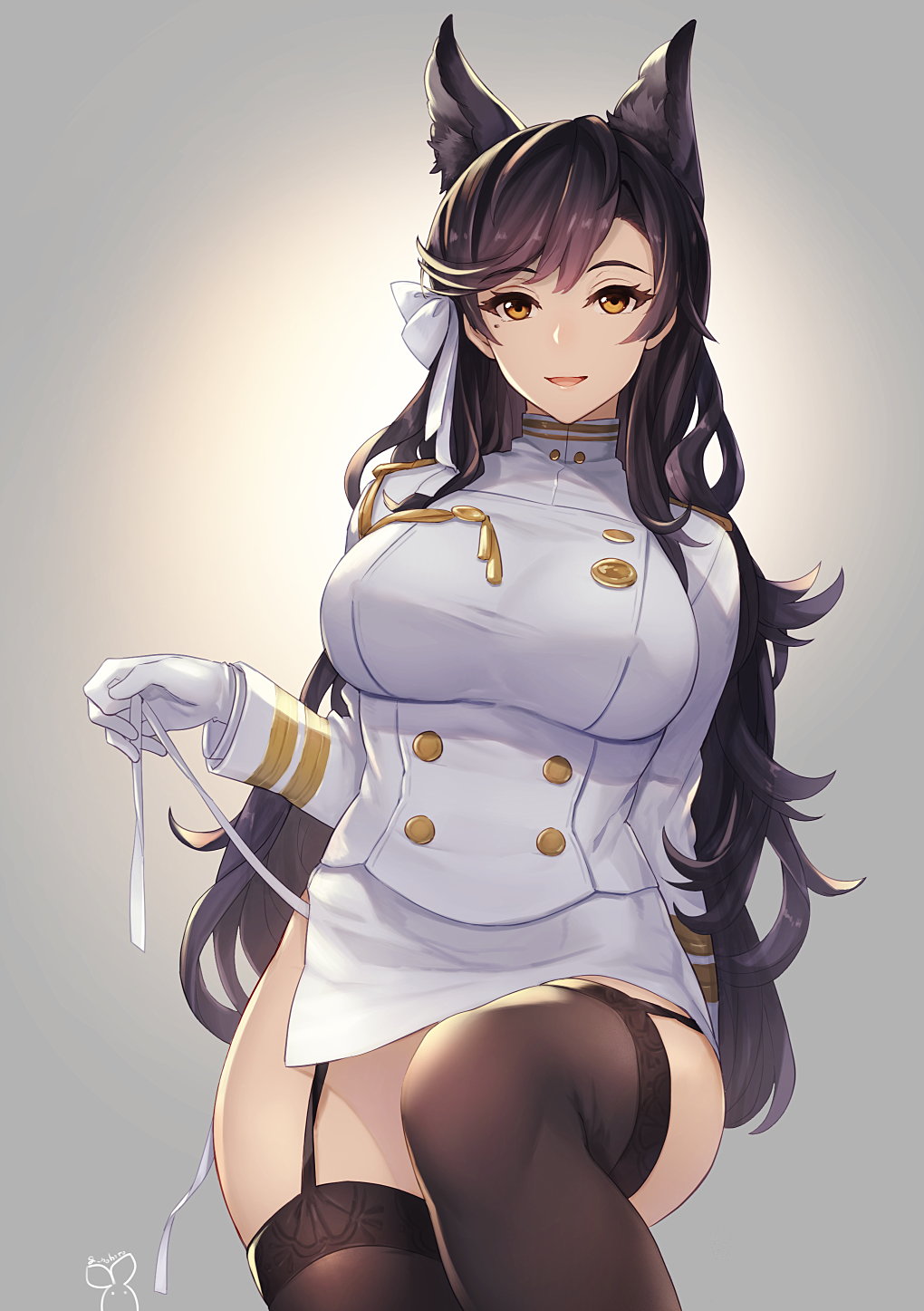 1girl :d aiguillette animal_ears arm_at_side atago_(azur_lane) azur_lane bangs black_hair black_legwear breasts brown_eyes brown_footwear buttons commentary_request cowboy_shot epaulettes eyebrows_visible_through_hair eyelashes garter_straps gloves gradient gradient_background hair_ornament hair_ribbon half-closed_eyes hand_up hazuki_gean highres large_breasts legs_together long_hair long_sleeves looking_at_viewer military military_uniform miniskirt mole mole_under_eye open_mouth panties pencil_skirt pulled_by_self ribbon side-tie_panties side_slit signature simple_background sitting skindentation skirt smile solo strap_pull swept_bangs tareme thigh-highs turtleneck underwear uniform untied untied_panties very_long_hair white_gloves white_ribbon white_skirt yellow_eyes