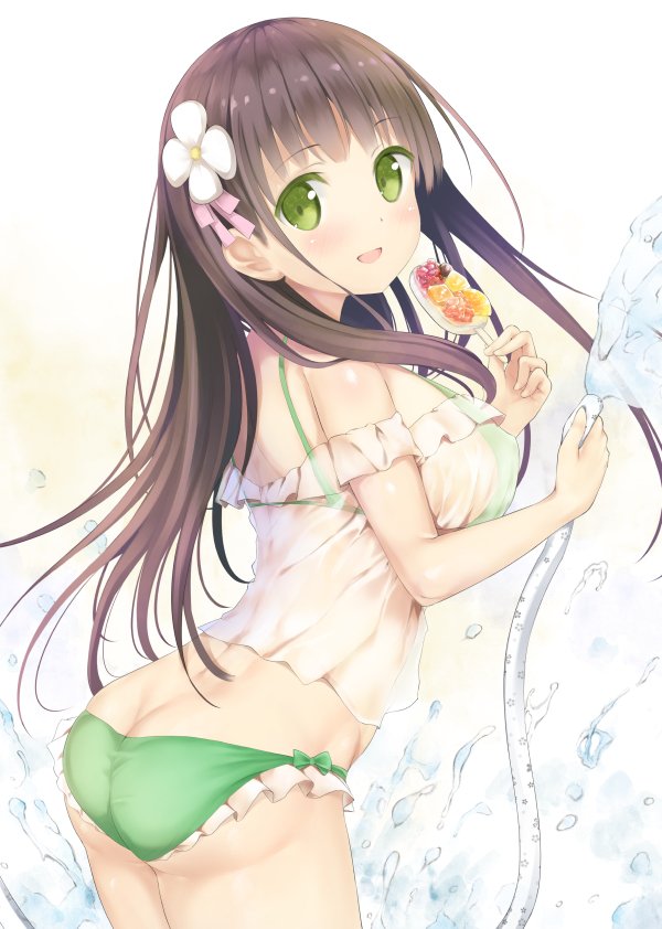 1girl ass bangs bare_shoulders bikini bikini_under_clothes blunt_bangs breasts brown_hair butt_crack commentary_request cowboy_shot dekochin_hammer eyebrows_visible_through_hair flower food from_behind gochuumon_wa_usagi_desu_ka? green_bikini green_eyes hair_flower hair_ornament holding holding_food holding_hose hose large_breasts long_hair looking_at_viewer looking_back pink_ribbon ribbon see-through shirt smile solo standing swimsuit ujimatsu_chiya wet wet_clothes wet_shirt white_flower white_shirt