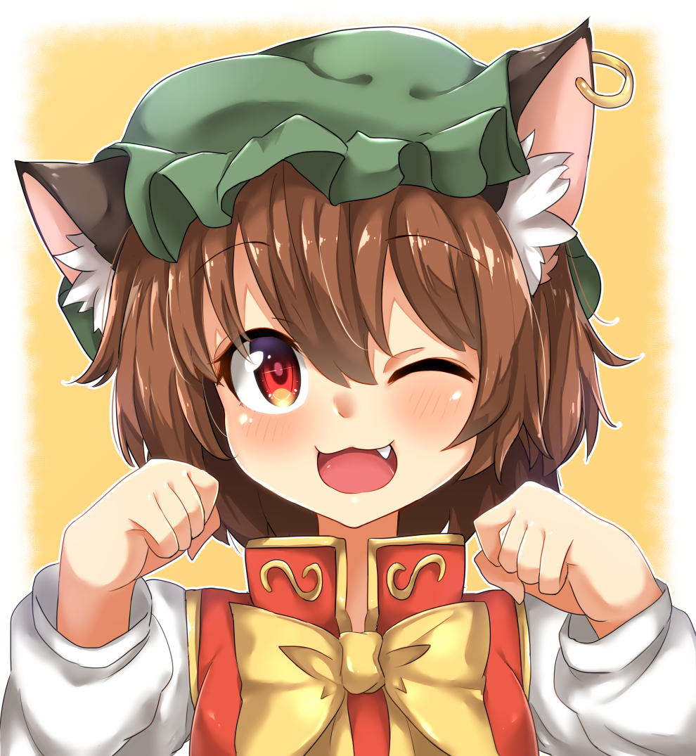 1girl ;3 ;d animal_ears bangs blush bow bowtie brown_hair cat_ears chen earrings eyebrows_visible_through_hair frills green_hat hair_between_eyes hands_up hat jewelry long_sleeves mob_cap neko_pachi one_eye_closed open_mouth outline paw_pose red_eyes simple_background smile solo tareme touhou upper_body white_outline yellow_background yellow_bow yellow_bowtie