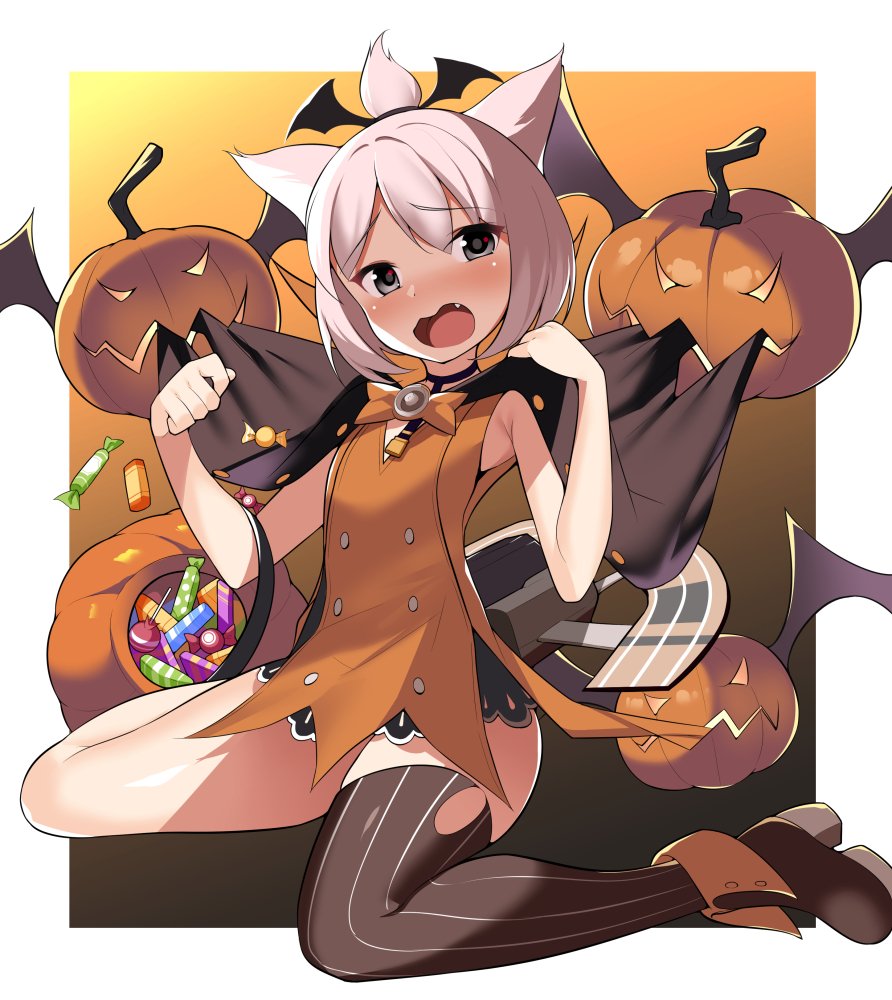 1girl animal_ears azur_lane bangs bare_arms basket bat_wings biting biting_clothes black_cape black_legwear black_neckwear black_wings blush border bow bowtie candy cape cat_ears choker dress eyebrows eyebrows_visible_through_hair eyelashes eyes_visible_through_hair fang flat_chest flight_deck food full_body gradient gradient_background grey_eyes hair_between_eyes halloween halloween_costume jack-o'-lantern legs_apart lollipop looking_to_the_side one_side_up open_mouth orange_bow orange_dress orange_neckwear pumpkin short_dress short_hair shouhou_(azur_lane) single_thighhigh sitting sleeveless sleeveless_dress solo striped striped_legwear thigh-highs tongue vertical-striped_legwear vertical_stripes wariza white_border white_hair wings