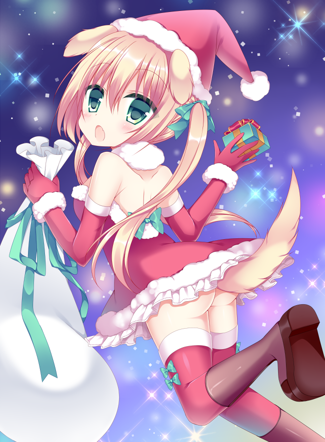 1girl :o animal_ears ass blonde_hair blush boots bow brown_footwear christmas commentary_request dog_ears dog_girl dog_tail dress elbow_gloves eyebrows_visible_through_hair fang frilled_dress frills fur-trimmed_dress fur-trimmed_gloves fur_collar fur_trim gift gloves green_bow green_eyes hair_between_eyes hair_bow hat holding holding_gift holding_sack knee_boots long_hair looking_at_viewer looking_back original red_dress red_gloves red_legwear sack santa_costume santa_hat shikito solo sparkle strapless strapless_dress tail tareme thigh-highs twintails very_long_hair