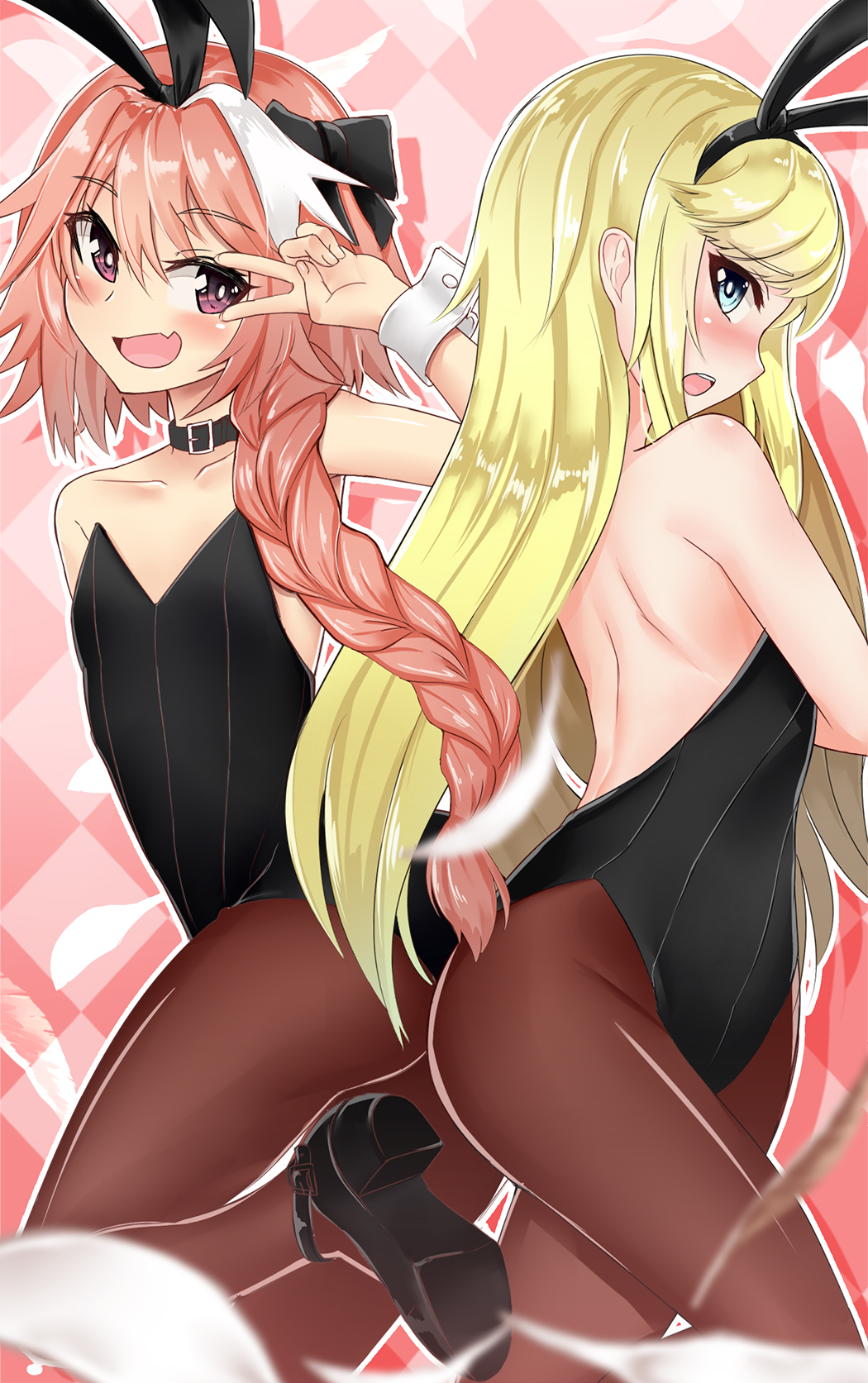 1boy androgynous animal_ears argyle argyle_background back bangs bare_shoulders black_leotard black_ribbon blonde_hair blue_eyes blush braid choker collarbone commentary_request eyelashes fang fate/apocrypha fate/grand_order fate_(series) feathers hair_ribbon hand_up high_heels highres hips le_chevalier_d'eon_(fate/grand_order) leg_up leotard long_hair looking_at_viewer looking_to_the_side multicolored_hair open_mouth pantyhose pink_background pink_eyes pink_hair rabbit_ears ribbon rider_of_black sin_(kami148) smile streaked_hair swept_bangs thighs two-tone_hair v wrist_cuffs
