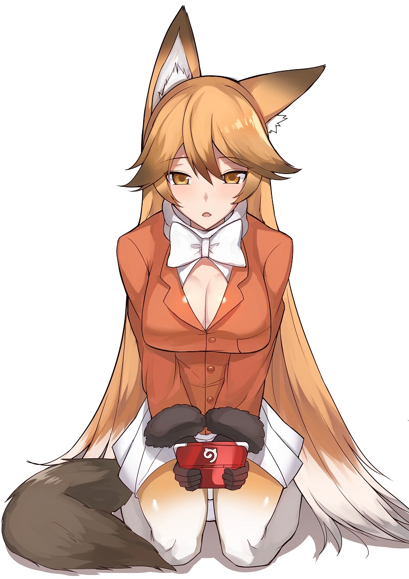 1girl animal_ears bow bowtie breasts brown_eyes brown_hair cleavage ezo_red_fox_(kemono_friends) fox_ears fox_tail full_body k_jin kemono_friends large_breasts long_hair looking_at_viewer open_mouth seiza sitting solo tail very_long_hair