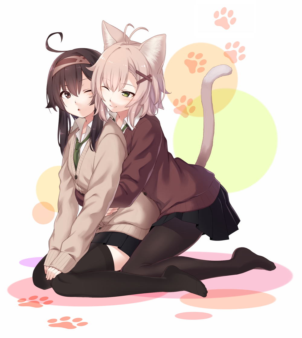 2girls ahoge animal_ears antenna_hair bangs black_legwear black_skirt blush breasts brown_cardigan brown_eyes brown_hair cardigan cat_ears cat_girl cat_tail green_eyes grey_hair hair_between_eyes hair_flaps hair_ornament hairpin headband hug hug_from_behind multiple_girls necktie nekomiya_ryuu one_eye_closed original pantyhose pleated_skirt school_uniform shikibe_ayaka short_hair_with_long_locks sidelocks sitting skirt small_breasts smile tail thigh-highs x_hair_ornament yagi_(ningen) zettai_ryouiki