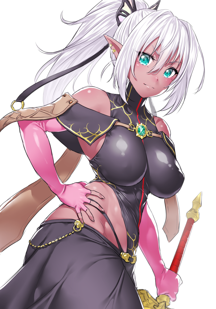 &gt;:) 1girl bare_shoulders black_leotard black_skirt breasts chains closed_mouth commentary_request cowboy_shot dark_skin dutch_angle earrings elbow_gloves elf erect_nipples gloves green_eyes hair_between_eyes hand_on_hip holding holding_sword holding_weapon jewelry large_breasts leotard long_hair looking_at_viewer onsoku_maru pink_gloves pointy_ears ponytail simple_background skin_tight skirt smile solo standing sword turtleneck weapon white_background