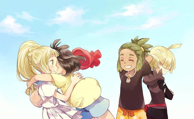 2boys 2girls arms_behind_head backpack bag beanie black_hair black_shirt blonde_hair blue_shorts brother_and_sister closed_eyes dark_skin dark_skinned_male from_side gladio_(pokemon) green_eyes green_hair hat hau_(pokemon) hood hoodie hug lillie_(pokemon) long_hair long_sleeves mizuki_(pokemon_sm) multiple_boys multiple_girls pokemon pokemon_(game) pokemon_sm ponytail red_hat sasairebun shirt short_hair short_sleeves shorts siblings skirt sky tied_shirt torn_clothes white_shirt white_skirt