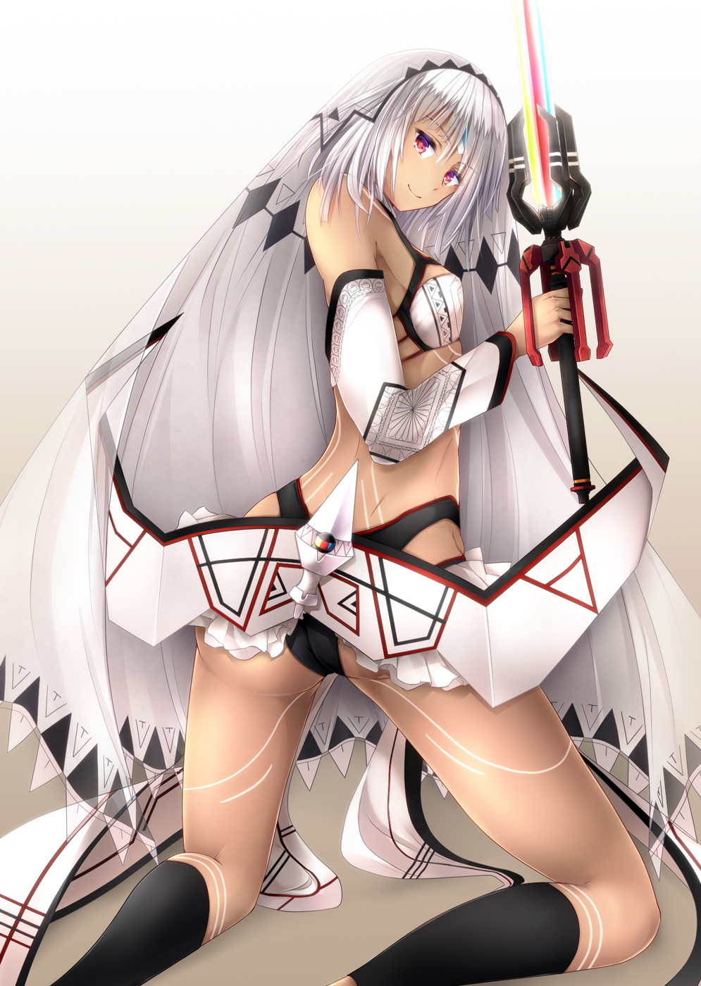 1girl altera_(fate) ari_(ariburo) ass detached_sleeves fate/extella fate/extra fate/grand_order fate_(series) full_body_tattoo highres kneeling looking_at_viewer red_eyes silver_hair smile solo sword tan tattoo thighs weapon weapon_request