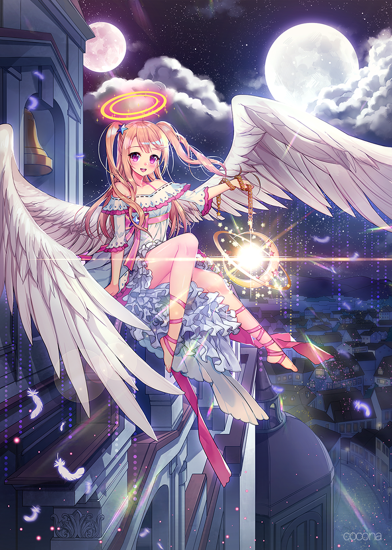 1boy :d angel angel_wings bare_shoulders blann blush brown_hair collarbone dress feathered_wings flying full_body full_moon hair_ornament halo long_hair looking_at_viewer moon night off-shoulder_dress off_shoulder open_mouth original pink_eyes smile solo star star_hair_ornament two_side_up white_dress wings