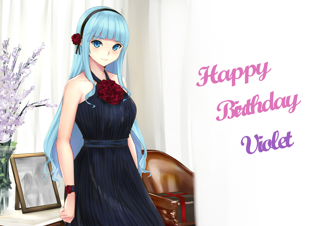 1girl bangs bare_shoulders black_dress blue_eyes blue_hair blunt_bangs blush box breasts closers cowboy_shot dress gift gift_box hair_ribbon hairband happy_birthday large_breasts long_hair looking_at_viewer photo_(object) ribbed_dress ribbon shaojiang sidelocks smile solo violet_(closers) wristband