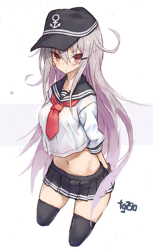 &gt;:&lt; 1girl arms_behind_back artist_name black_gloves black_legwear breasts brown_eyes closed_mouth cosplay cowboy_shot crop_top crop_top_overhang cropped_legs gangut_(kantai_collection) gloves goekawa grey_hair hair_between_eyes hair_ornament hairclip hibiki_(kantai_collection) hibiki_(kantai_collection)_(cosplay) kantai_collection large_breasts long_hair midriff miniskirt navel pleated_skirt scar school_uniform serafuku sidelocks simple_background skirt solo thigh-highs tsurime undersized_clothes very_long_hair zettai_ryouiki