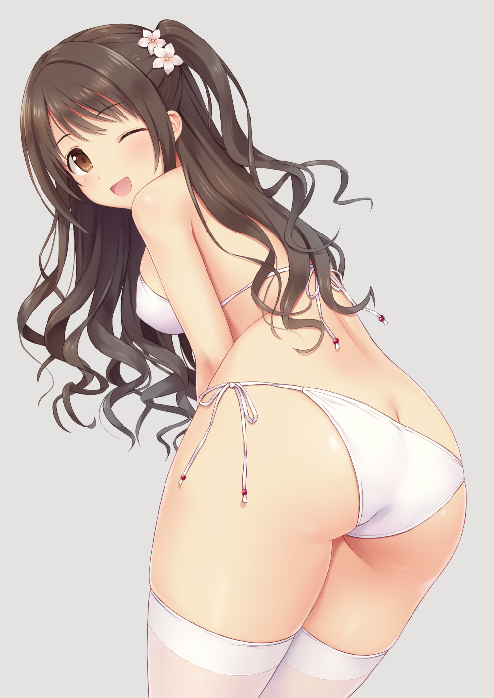 1girl ;d ass bikini blush breasts brown_eyes brown_hair butt_crack cowboy_shot erect_nipples flower from_behind grey_background hair_flower hair_ornament highres idolmaster idolmaster_cinderella_girls leaning_forward legs_together long_hair looking_at_viewer looking_back medium_breasts n.g. one_eye_closed one_side_up open_mouth shimamura_uzuki side-tie_bikini sidelocks simple_background smile solo standing swimsuit tareme thigh-highs thighs wavy_hair white_bikini white_flower white_legwear