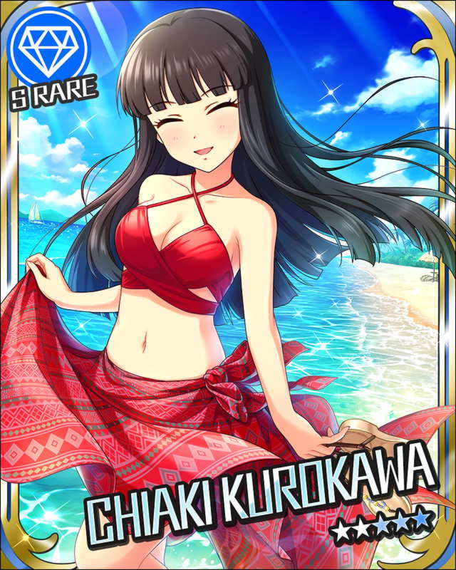 1girl artist_request bangs beach bikini black_hair blue_sky blunt_bangs blush breasts brown_eyes card_(medium) closed_eyes collarbone day diamond_(symbol) idolmaster idolmaster_cinderella_girls kurokawa_chiaki long_hair medium_breasts midriff navel ocean official_art open_mouth outdoors palm_tree red_swimsuit sandals sandals_removed sky smile solo sunlight swimsuit tree