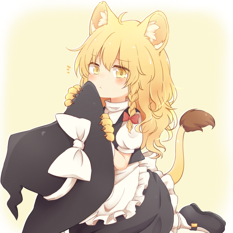 1girl animal_ears apron blonde_hair blush bobby_socks braid claws hat hat_removed headwear_removed hiding holding holding_hat kemonomimi_mode kirisame_marisa lion_ears lion_tail looking_at_viewer mary_janes messy_hair puffy_short_sleeves puffy_sleeves riza_dxun shoes short_sleeves shy single_braid skirt skirt_set socks solo tail touhou turtleneck vest waist_apron wavy_hair witch_hat yellow_eyes