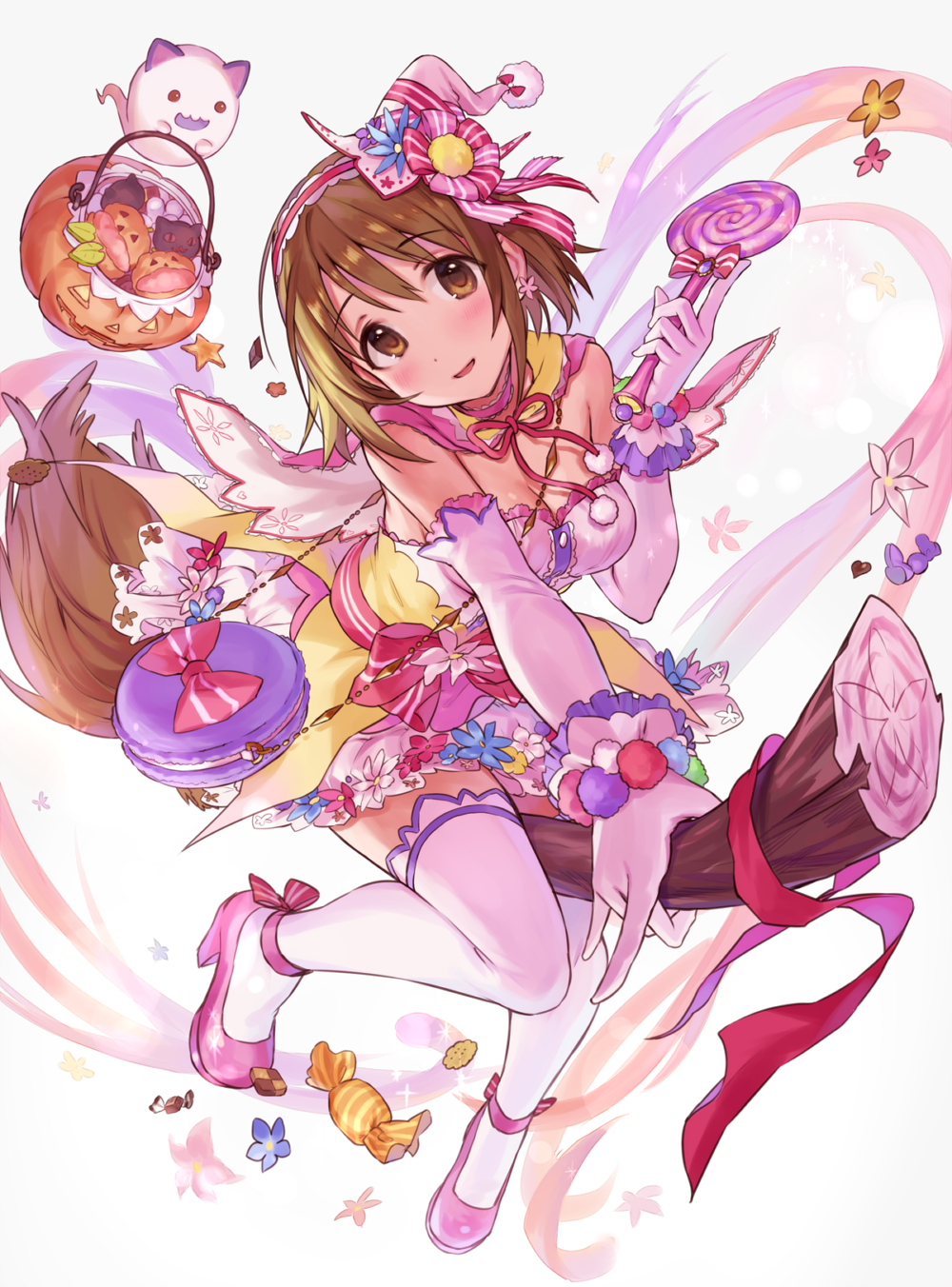 1girl animal_ears armpit_peek bag blush bow breasts broom broom_riding brown_eyes brown_hair buttons candy capelet caramel carrying cat_ears checkerboard_cookie choker cleavage cookie cotton_ball cream_puff dress earrings elbow_gloves eyebrows_visible_through_hair flower flower_earrings food food_themed_clothes foreshortening frilled_choker frilled_dress frilled_hairband frills ghost gloves hair_flower hair_ornament hair_ribbon hairband halloween halloween_basket handbag hat hat_ribbon head_tilt high_heels highres holding holding_food idolmaster idolmaster_cinderella_girls jack-o'-lantern jewelry knees_together_feet_apart large_breasts lollipop looking_up macaron marshmallow mimura_kanako mini_hat mini_witch_hat multicolored multicolored_clothes multicolored_dress open_mouth pink_capelet pink_footwear pink_hat pink_neckwear pink_ribbon pom_pom_(clothes) red_bow red_ribbon ribbon sash shoe_bow shoes short_hair smile solo sparkle tamaext tareme thigh-highs white_dress white_gloves white_legwear witch_hat yellow_dress zettai_ryouiki