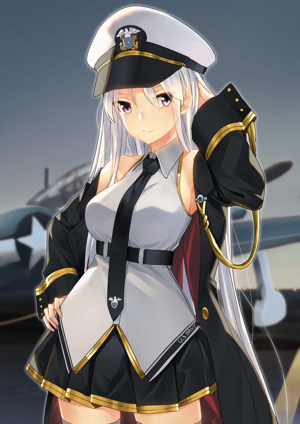 1girl aircraft airplane arm_up azur_lane bad_id bad_pixiv_id bangs black_neckwear blush breasts closed_mouth coat cowboy_shot enterprise_(azur_lane) grey_legwear hand_on_hip hat highres jun_project large_breasts looking_at_viewer military military_uniform miniskirt necktie open_clothes open_coat peaked_cap pleated_skirt silver_hair skirt solo thigh-highs uniform violet_eyes zettai_ryouiki