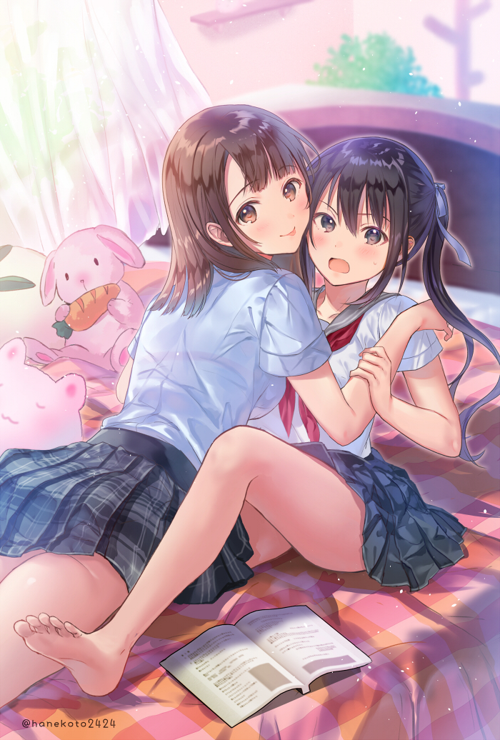 2girls :p all_fours bangs bare_legs barefoot bed black_eyes black_hair blush book brown_eyes brown_hair couple curtains eyebrows_visible_through_hair feet female hanekoto highres indoors legs long_hair looking_at_viewer looking_back lying lying_on_person multiple_girls on_bed on_stomach open_book open_mouth original school_uniform see-through short_hair short_sleeves sitting smile soles stuffed_animal stuffed_bunny stuffed_carrot stuffed_toy sweatdrop toes tongue tongue_out twintails twitter_username yuri