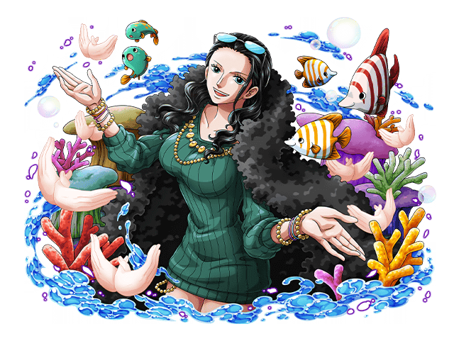 1girl :d black_hair blue_eyes bodskih bracelet breasts collarbone cowboy_shot dress fish glasses_on_head green_dress hana_hana_no_mi jewelry large_breasts long_hair looking_up necklace nico_robin one_piece open_mouth smile solo standing striped transparent_background vertical-striped_dress vertical_stripes water