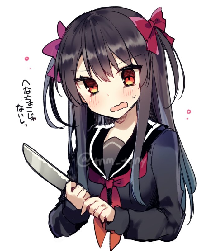 1girl bangs black_sailor_collar black_shirt blush cropped_torso eyebrows_visible_through_hair hair_ribbon holding holding_knife ikeuchi_tanuma knife long_hair long_sleeves looking_at_viewer neckerchief red_eyes red_neckwear red_ribbon ribbon sailor_collar school_uniform serafuku shirt solo sweatdrop translation_request two-handed two_side_up upper_body v-shaped_eyebrows wavy_mouth white_background yandere