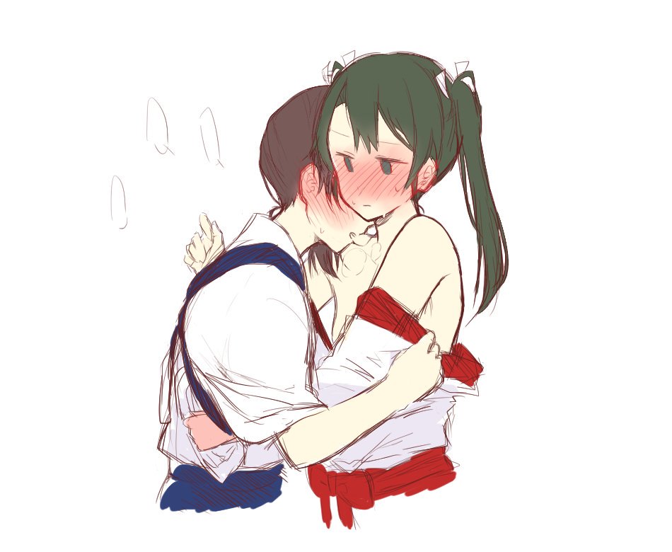 2girls blush comic green_eyes green_hair hair_ribbon heavy_breathing hei_hakama japanese_clothes kantai_collection multiple_girls ribbon side_ponytail sweat twintails undressing upper_body white_background white_ribbon yuri zuikaku_(kantai_collection)