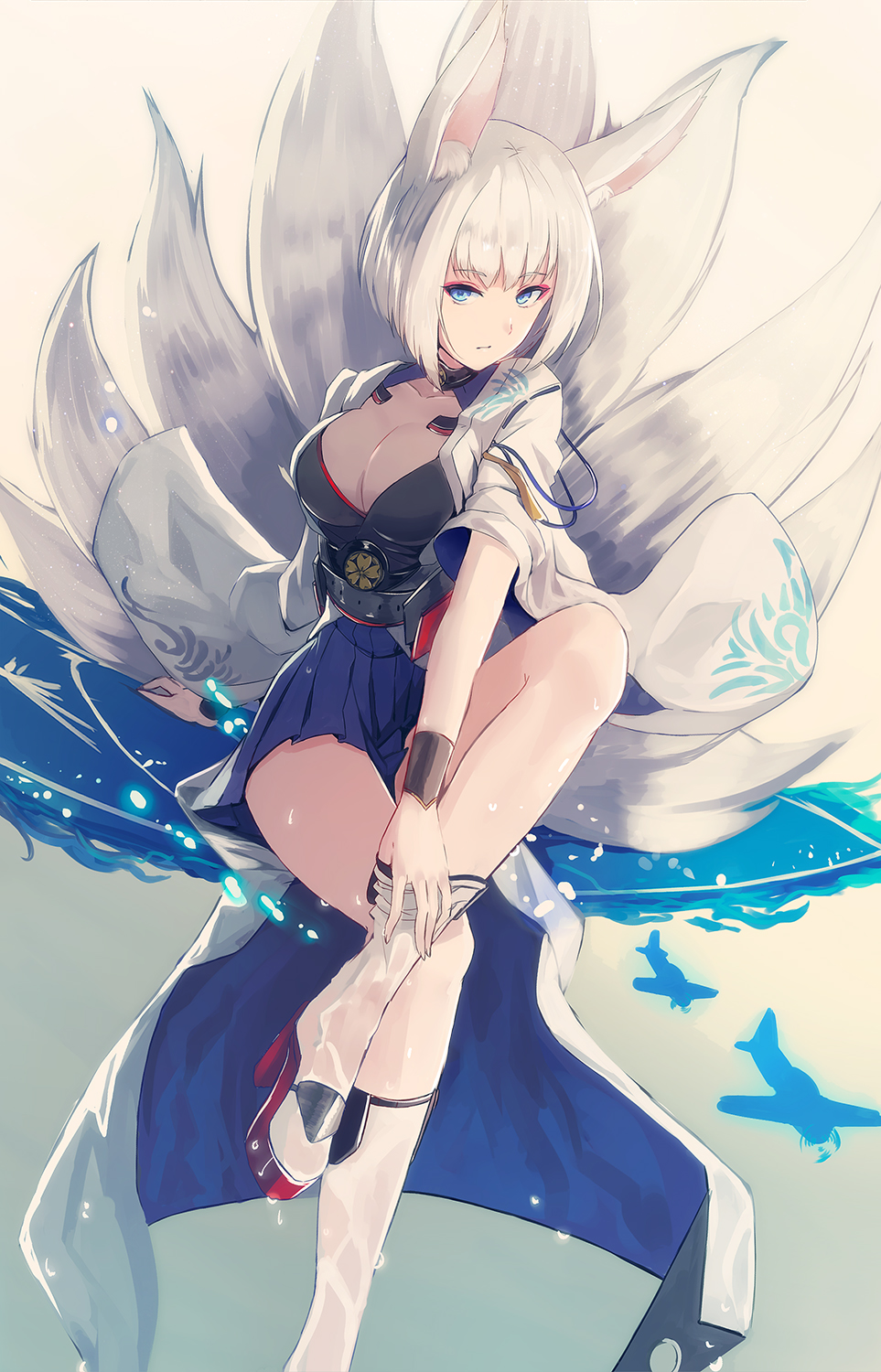 1girl aircraft airplane animal_ears azur_lane bangs blue_eyes blue_skirt breasts choker cleavage closed_mouth collarbone commentary_request eyebrows_visible_through_hair eyeshadow flight_deck fox_ears fox_tail hakama_skirt highres japanese_clothes kaga_(azur_lane) kimono kitsune knee_up large_breasts looking_at_viewer makeup multiple_tails nakaichi_(ridil) obi open_clothes open_kimono pleated_skirt sash short_hair sitting skirt solo tail white_hair white_kimono white_legwear