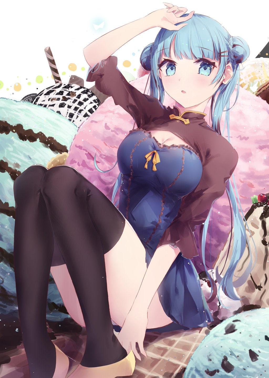 1girl bangs black_legwear blue_eyes blue_hair blush breasts double_bun eyebrows_visible_through_hair flats food hair_ornament hairclip highres ice_cream knees_up long_hair looking_at_viewer medium_breasts original parted_lips sidelocks sleeves_past_elbows solo thigh-highs thighs tr_(hareru) twintails wafer_stick