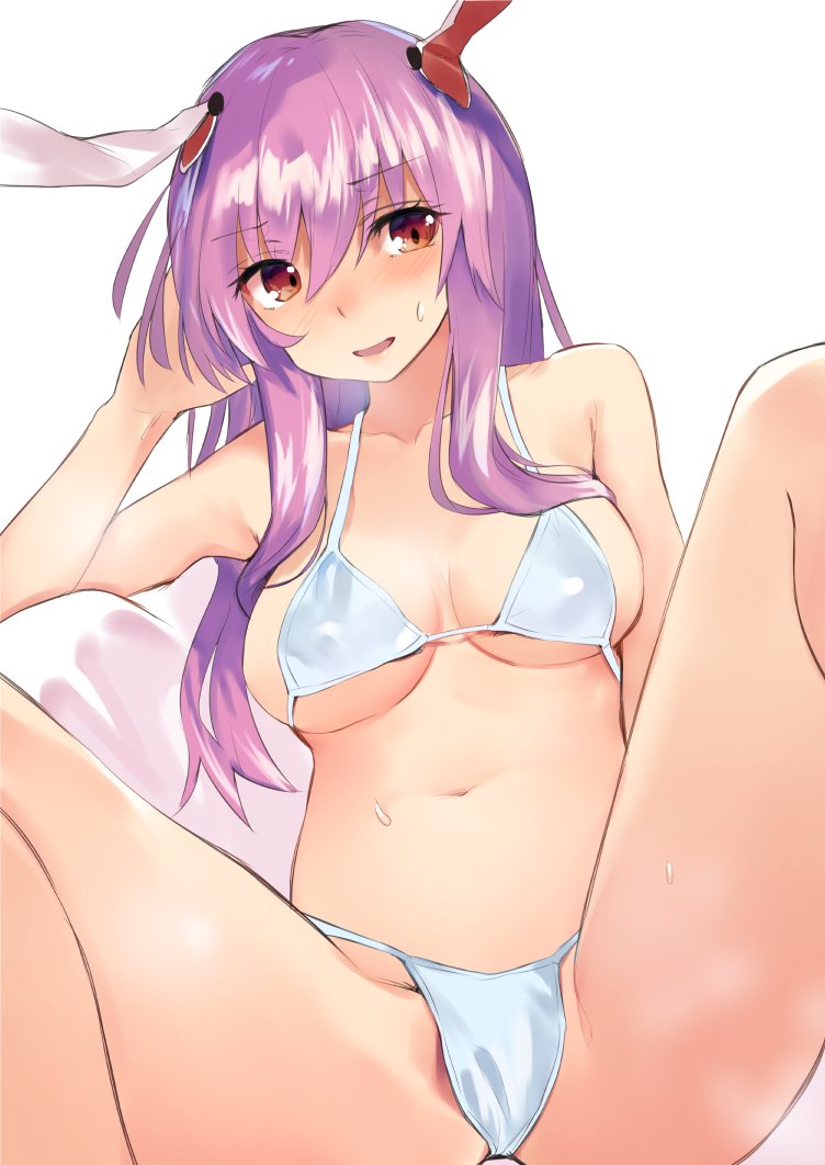 1girl animal_ears asuzemu bangs bare_arms bare_shoulders bikini blush breasts brown_eyes commentary_request eyebrows_visible_through_hair hairband hand_up long_hair medium_breasts micro_bikini navel open_mouth purple_hair rabbit_ears reisen_udongein_inaba sidelocks simple_background sitting solo sweat swimsuit touhou white_background white_bikini