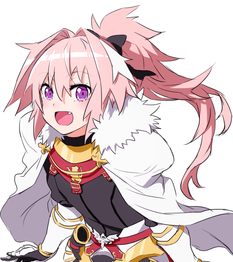 1boy :d armor bangs cape eyebrows_visible_through_hair fang fate/apocrypha fate_(series) fur_trim gauntlets hair_between_eyes leaning_forward long_hair looking_at_viewer onsoku_maru open_mouth pink_hair ponytail rider_of_black shirt simple_background smile solo standing upper_body vambraces violet_eyes white_background white_cape
