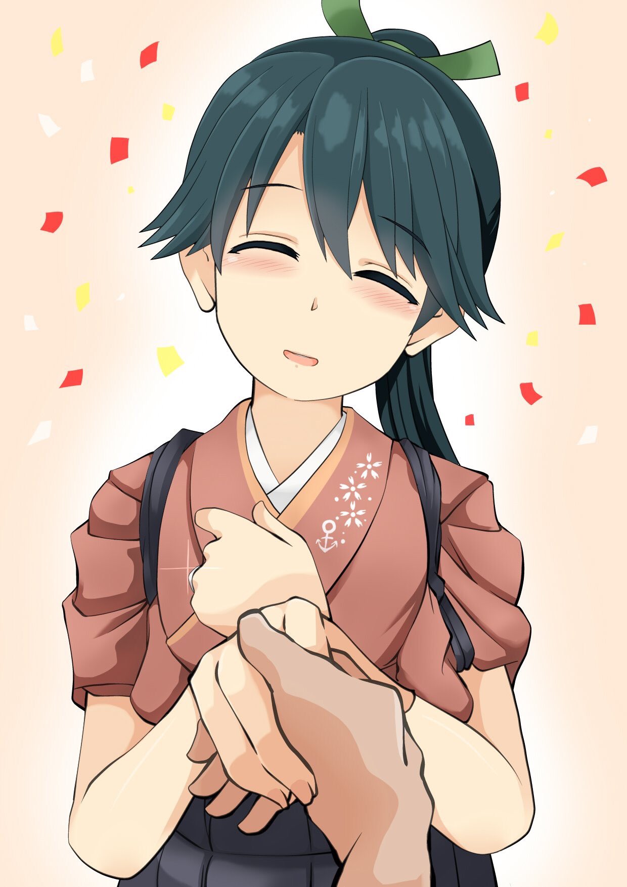 1boy 1girl :d ^_^ ^o^ admiral_(kantai_collection) black_hair closed_eyes commentary_request confetti hair_ribbon hand_holding highres houshou_(kantai_collection) imagawa_akira kantai_collection long_hair looking_at_viewer open_mouth ponytail pov ribbon simple_background smile tasuki