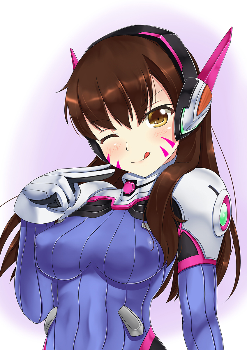 1girl ;p bangs blush bodysuit breasts brown_eyes brown_hair closed_mouth d.va_(overwatch) erusen_(des-arms) eyebrows_visible_through_hair facepaint facial_mark hair_between_eyes hair_over_shoulder hand_on_own_face headphones highres long_hair looking_at_viewer medium_breasts one_eye_closed overwatch pilot_suit shoulder_pads simple_background skin_tight smile solo standing tongue tongue_out upper_body whisker_markings winking