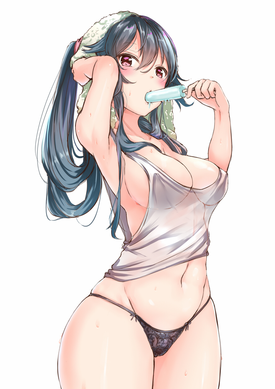 10s 1girl arm_up armpits bangs black_panties blush breasts cleavage cowboy_shot food hair_between_eyes hand_up highres holding holding_food kantai_collection large_breasts long_hair looking_at_viewer navel panties ponytail popsicle sidelocks simple_background solo tank_top thighs towel towel_on_head tsurime underwear very_long_hair wet white_background yahagi_(kantai_collection) yukishiro_arute