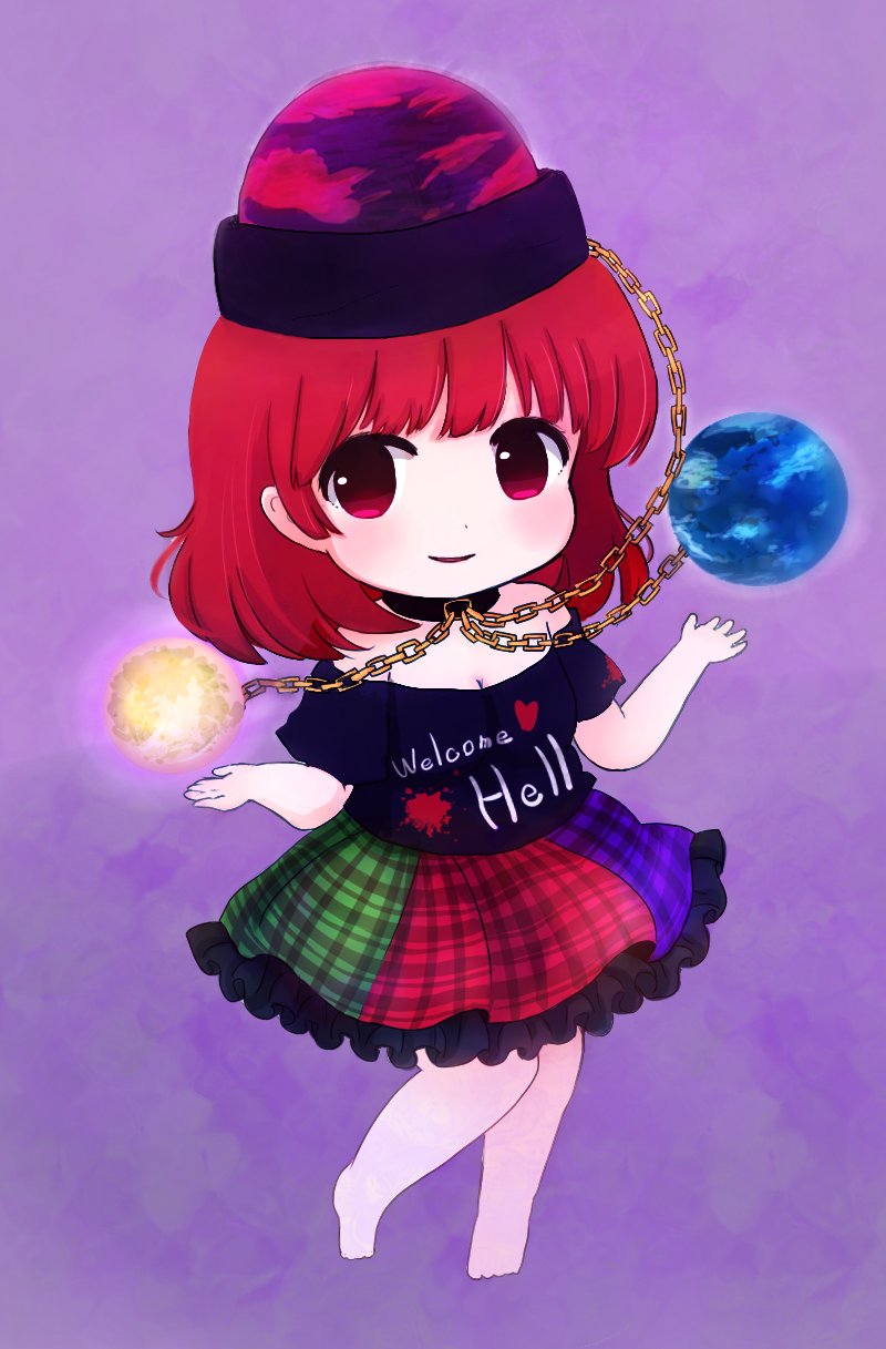 1girl :d barefoot blush breasts chains chibi collar hecatia_lapislazuli highres looking_at_viewer medium_breasts multicolored multicolored_clothes multicolored_skirt off-shoulder_shirt open_mouth plump polos_crown red_eyes redhead rei_(tonbo0430) shirt skirt smile solo touhou