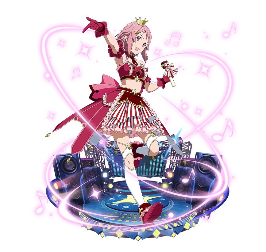 1girl :d arm_strap crop_top crown full_body gloves hair_ornament hairclip holding holding_microphone index_finger_raised layered_skirt lisbeth looking_at_viewer microphone midriff mini_crown musical_note navel necktie one_leg_raised open_mouth outstretched_arm pink_eyes pink_hair red_footwear red_gloves red_neckwear short_hair_with_long_locks short_necktie sidelocks simple_background skirt smile solo standing standing_on_one_leg stomach strapless striped sword_art_online thigh-highs vertical-striped_skirt vertical_stripes white_background white_legwear